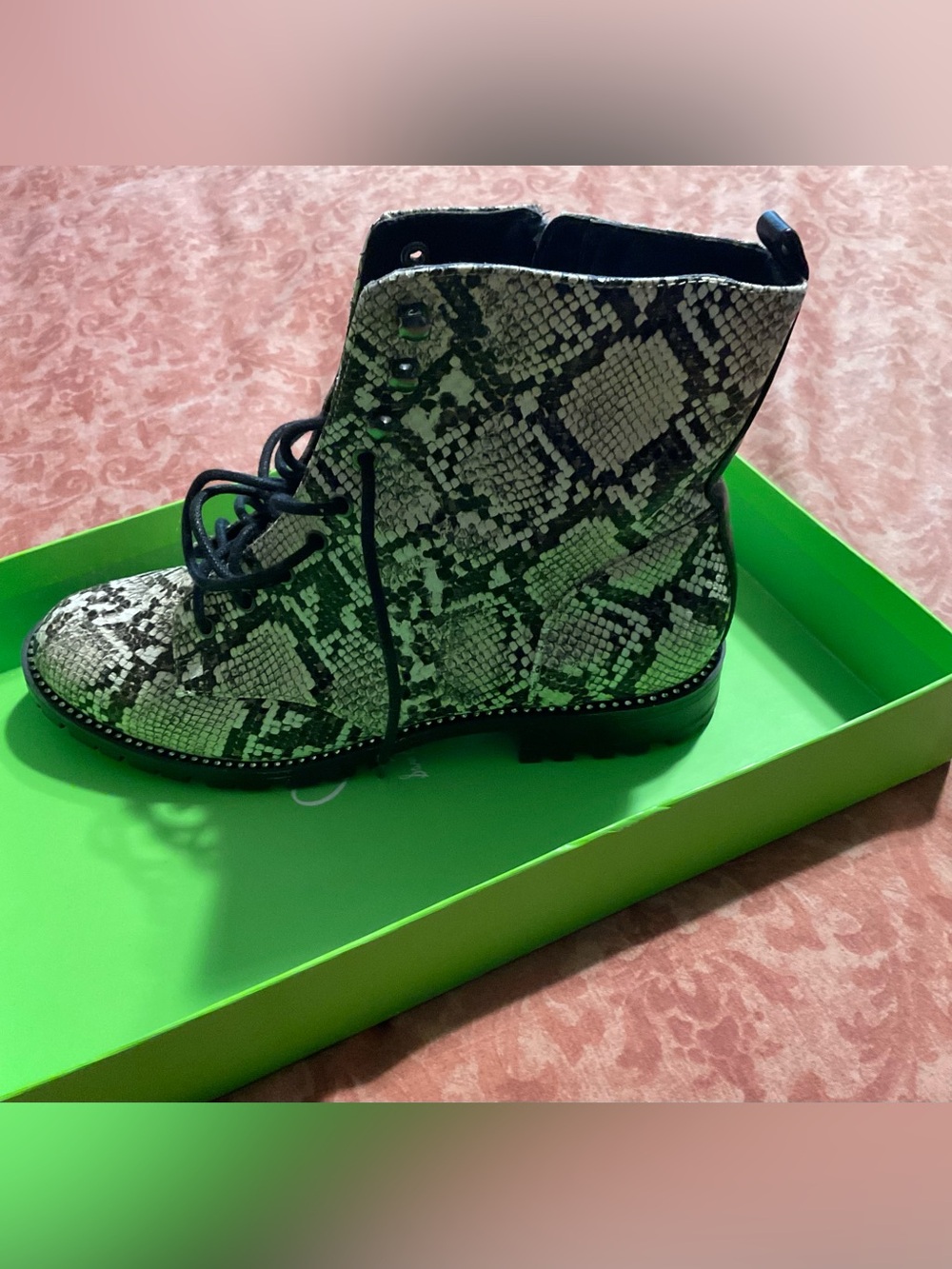 Express Girls Snake Print Combat Boots - Black, Cream, Green